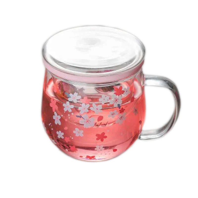Glass Mug with Tea Infuser and Lid 300ml Cherry Blossom Teacup Transparent Heat Resistant Glass Flower Tea Set Drinkware