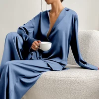 Sexy Low Cut Fashion Pajamas Set For Women Loose Casual Long Sleeve Trouser Suits Satin Silk Female Home Fitted Tops 2-Piece Set - Image 2
