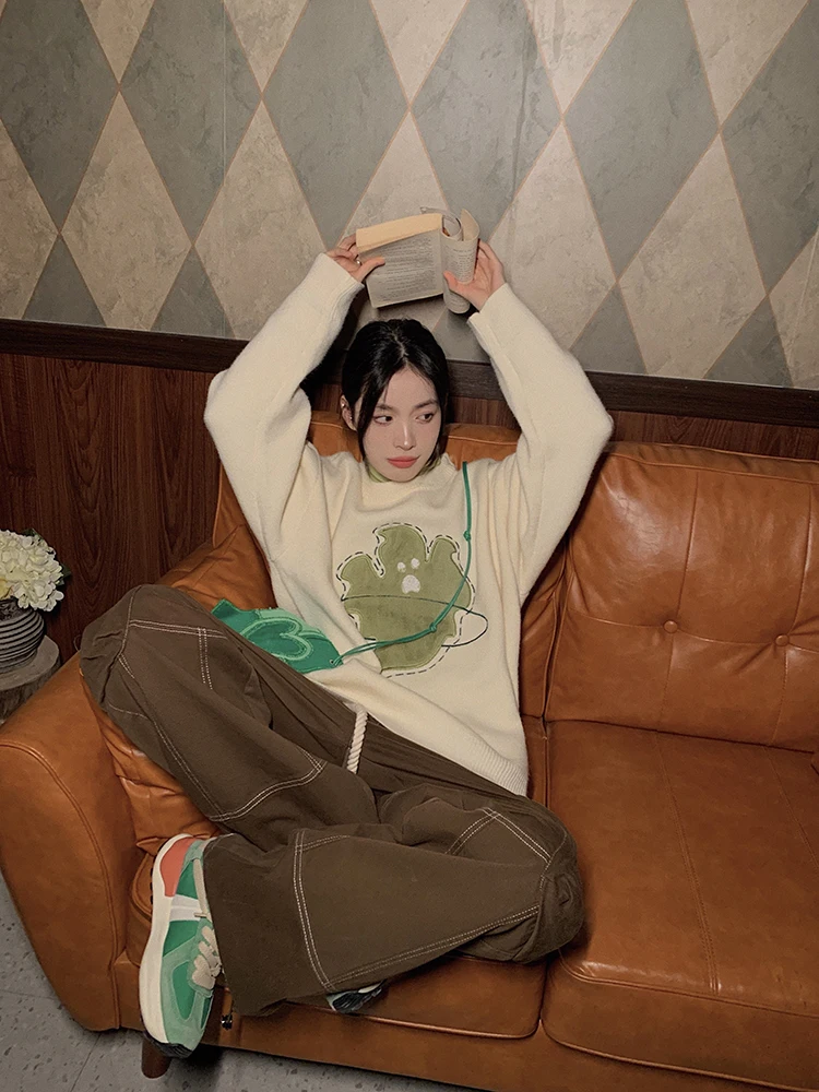 

Новинка 2022, вязаный корейский свитер в стиле Харадзюку, мешковатый джемпер большого размера, пуловеры с принтом, одежда для пар Y2k, уличные вязаные топы Y2K