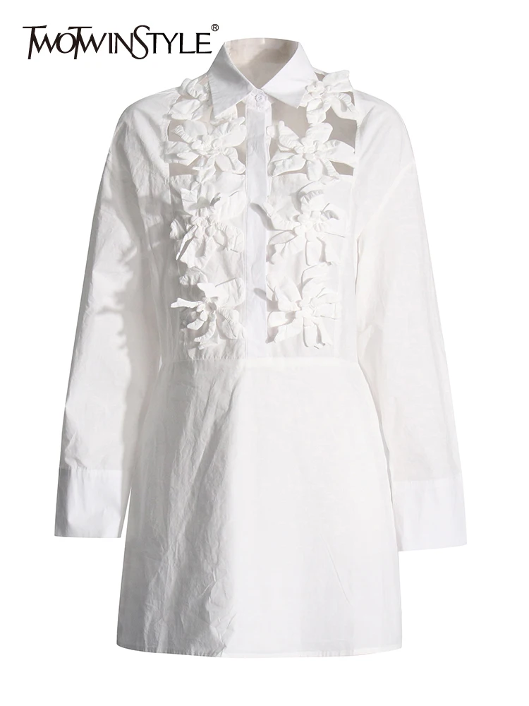 

TWOTWINSTYLE Solid Patchwork Appliques Dresses For Women Lapel Long Sleeve Single Breasted High Waist Hollow Out Dress Female
