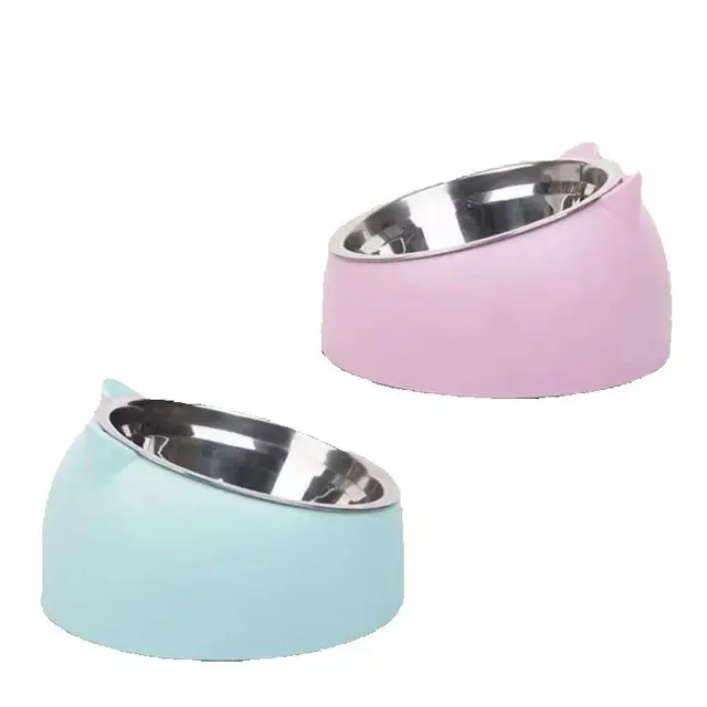 Cat Dog Bowl 15 Degrees Raised Non Slip Puppy Base Cat Food DrinkingStainless Steel  Water Feeder Tilt Safeguard Neck Pet