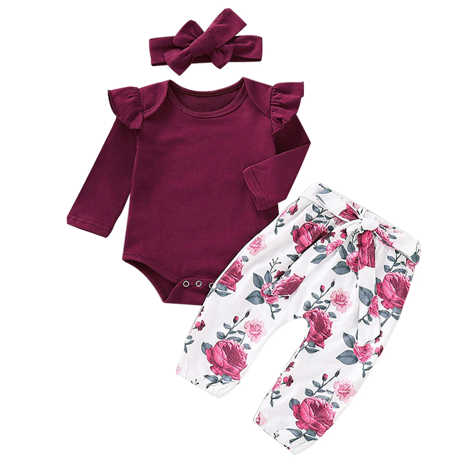 

3pcs/set Soft Cute Long Sleeve Baby Girl Floral Pants Ruffle Romper Infant Outfit Set Elastic Waist With Headband Comfortable
