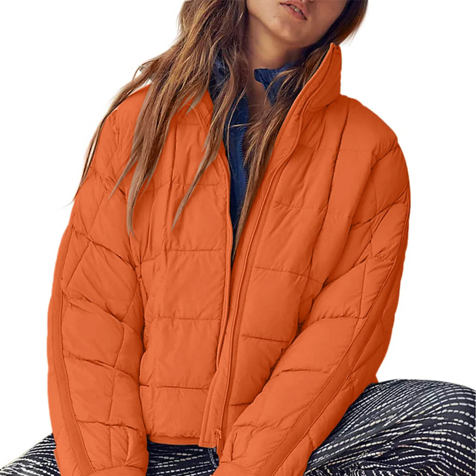Autumn Winter New European American Women\'s Wear Solid Color Zipper Coat Casual Button Padded Jacket Pocket Top Women