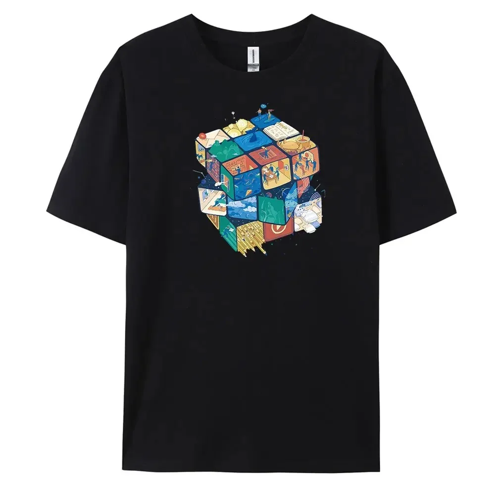 

2024 New Men's Casual Short-sleeved T-shirt With High-quality 100%Cotton Magic Cube Print Tops Tees Oversize Men's Clothing