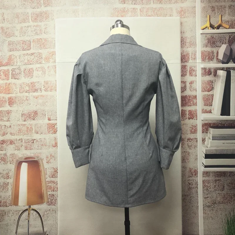 Office Lady Elegant Ruched Blazer Dress Lantern Sleeve Solid Colors Single Breasted Women Blazers Jackets Formal Clothing 2023