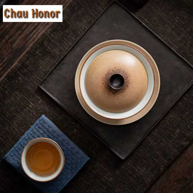 180ml Retro Kiln Change Coarse Pottery Gaiwan Aesthetic Tea Tureen Tea Bowl With Lid Kit Tea Brewing Cover Bowl Drinkware Gifts