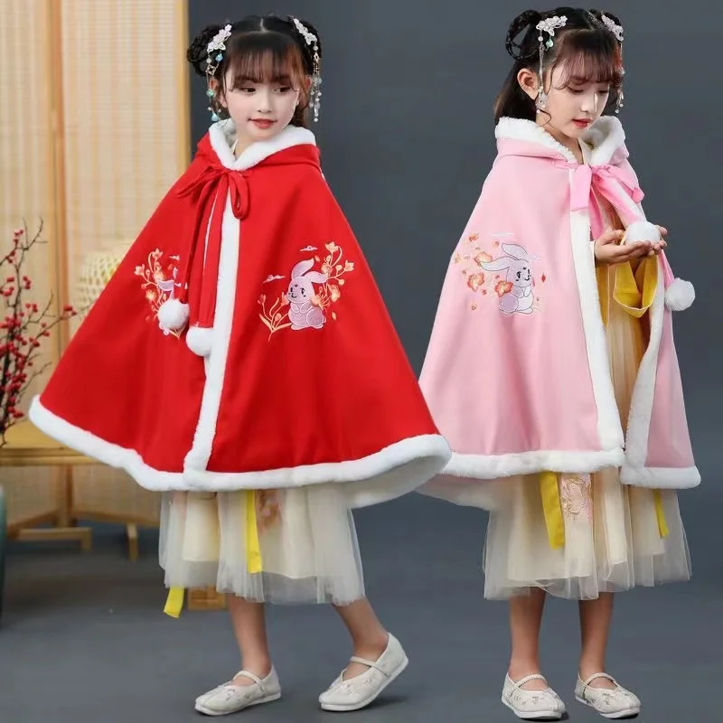 

2023 New Year's Wear Hanfu Quilted Hooded Girl's Warm Cape Winter Embroidery Thicken Cloak Chinese Children Ancient Mantle Kids