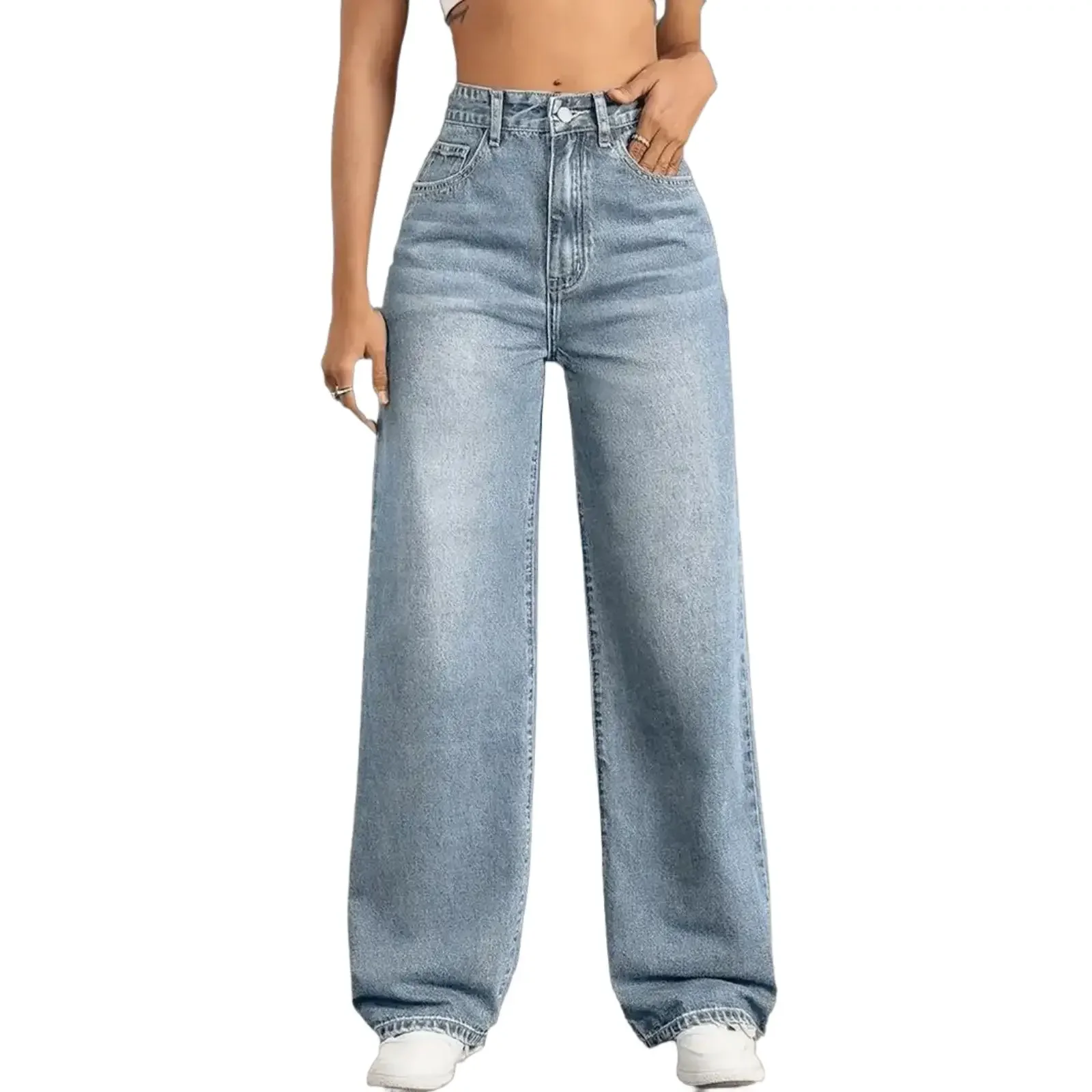 Y2k Jeans Jeans for Woman Classic Blue Elastic Straight Leg Simple Design Retro Style Stretchy Denim Trousers 5
