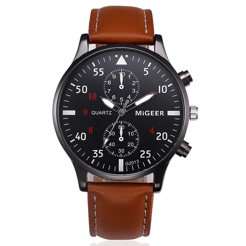 MIGEER Fashion Men Watches Men Sports Watches Brown Leather Band Quartz Watches Men Military Army Wristwatches Relogio Masculino