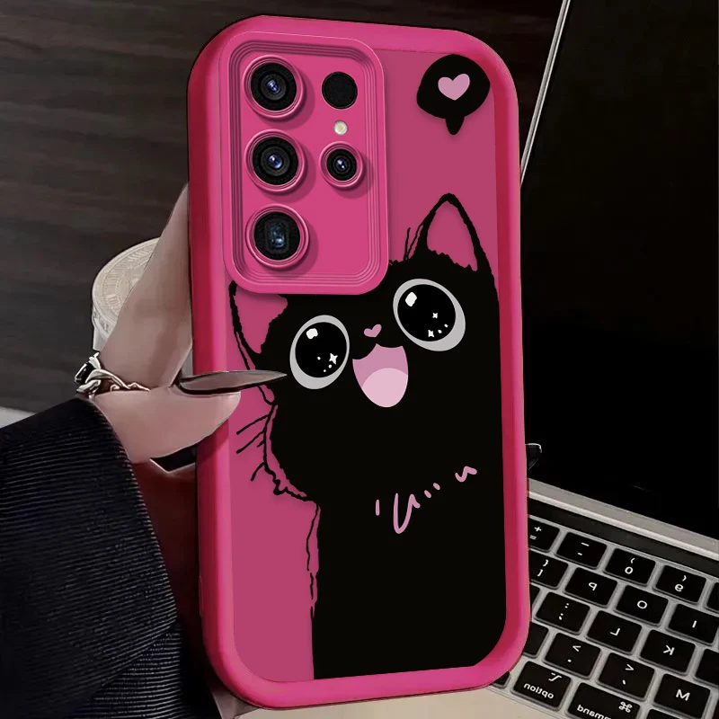 Charming Black Cat Matte Protective Phone Case with Love Heart Design