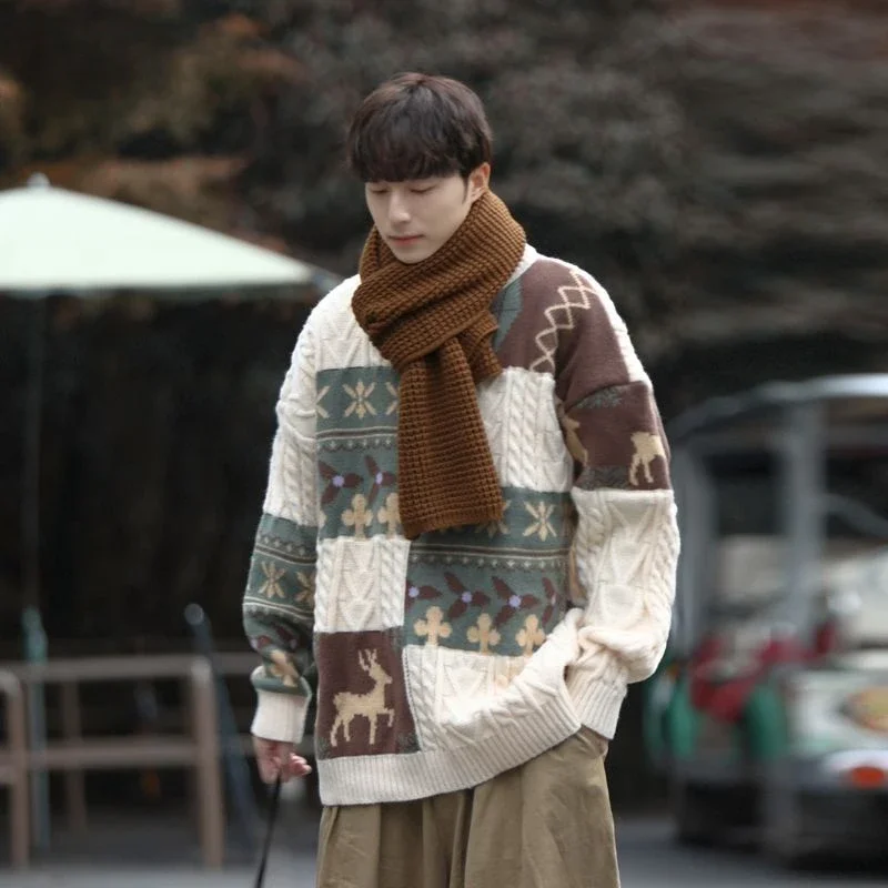 Sweater men's autumn and winter fashion brand lazy bottom knitted shirt vintage panel contrast loose outer coat y2k clothes tops
