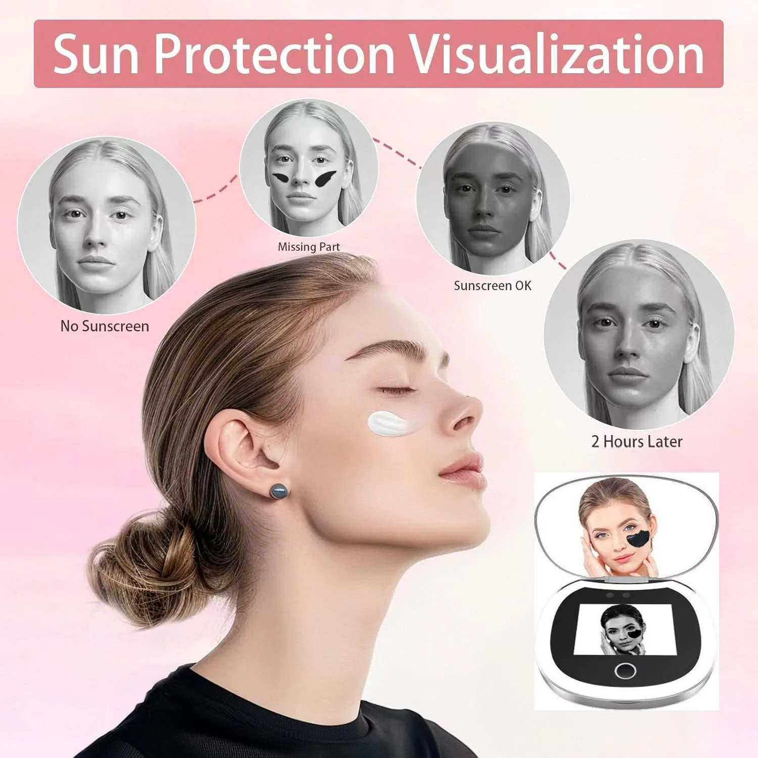 Makeup Mirror Travel Compact with UV Camera 2X Magnification Portable UV with Lights Checking Facial Sunscreen LED