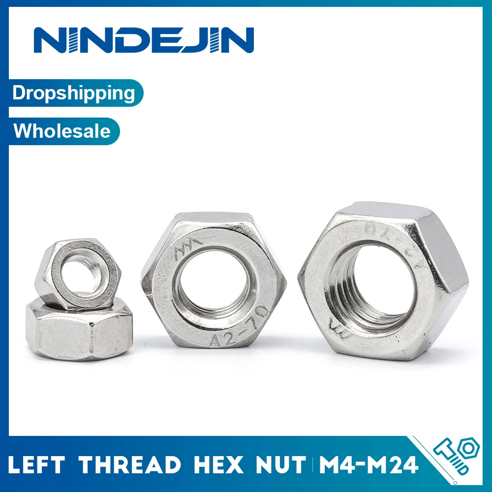 NINDEJIN 1-55pcs Metric Left Hand Threaded Hex Nuts M4 M5 M6 M8 M10 M12 M14 M16 M18 M20 M24 Stainless Steel Allen Nuts DIN934