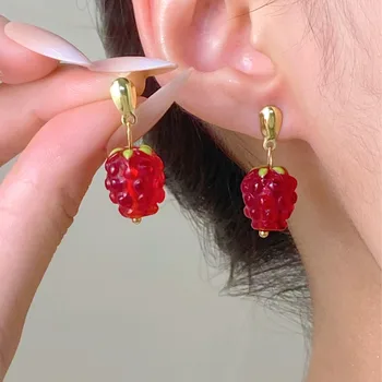 925 Silver Needle Korean Fashion Red Fruit Drop Earrings For Women Jewelry 2025 Trending New French Women's Raspberry Earrings