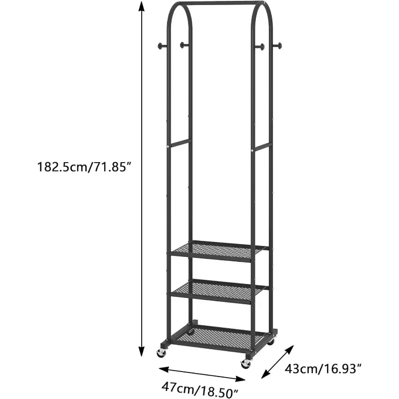 Heavy Duty Clothing Rack With Wheels,Modern Garment Rack With 3 Metal Shelves, 71.8Inches Display Rack
