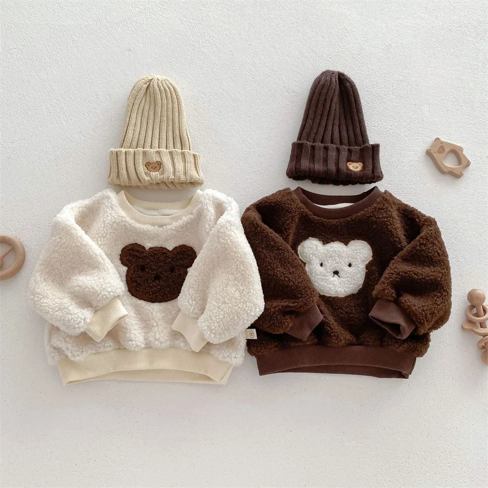 

Cute Bear Embroidered Children Pullovers Thicken Lamb Fur Boy Girl Outwear Winter Autumn Toddler Kids Tops Toddler Baby Clothes