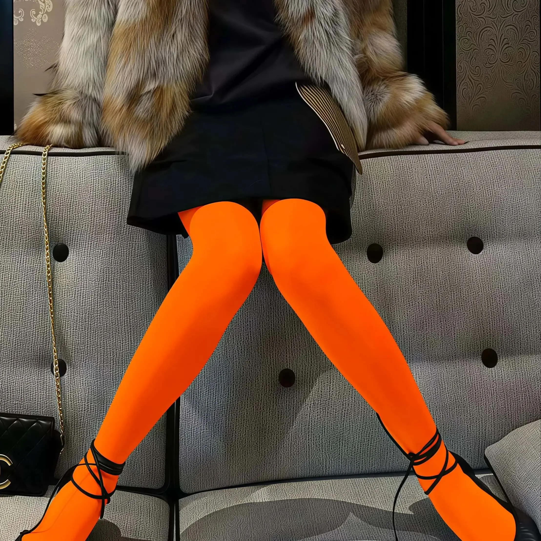 Damen-Samtleggings - Warme Orange-Farbe, eng anliegend, luftdurchlässig für einen verspielten und den ganzen Tag bequemen Look – Detail 1