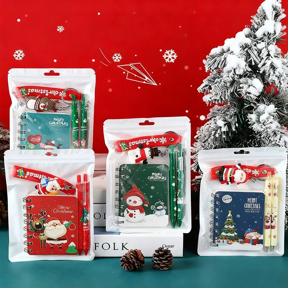 Festive Holiday Stationery Gift Set - Notebook, Gel Pen, and Christmas Keychain with Santa Snowflake Design