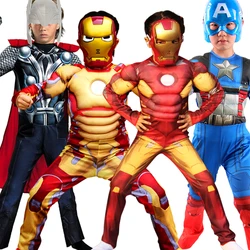 Kids Superhero Muscle Chest Captain America Hulk Iron Man Spider Jumpsuit Cosplay Costume Attached Mask Bodysuit Mask Props