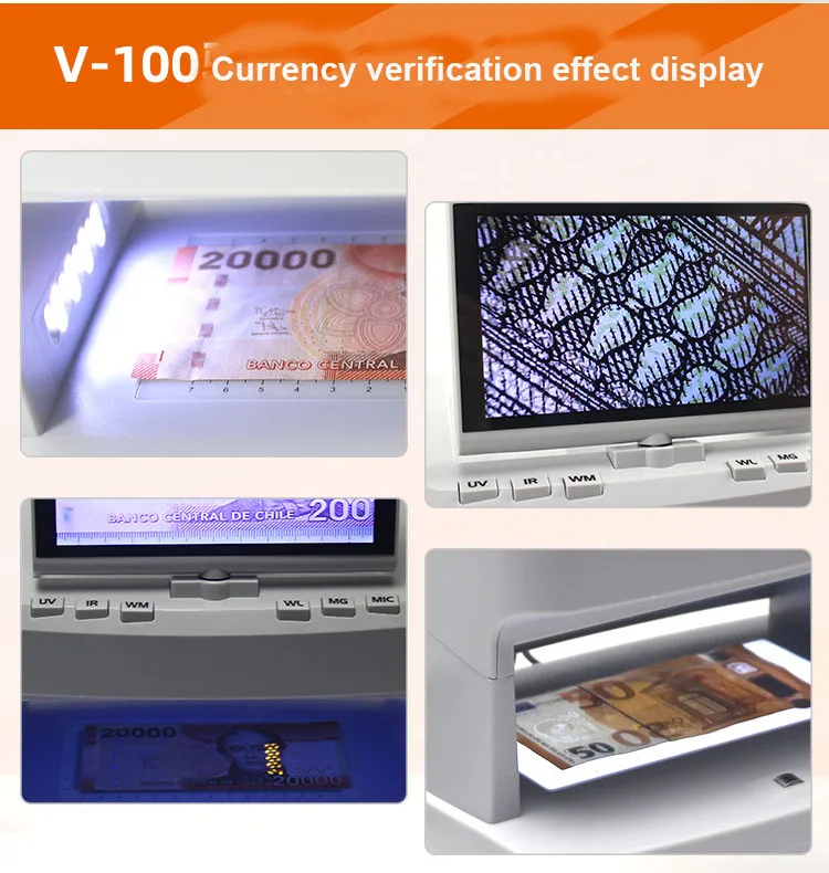 V100 Money Detector UV/MG/IR/WM Bill Cash Checker Multi Currency Banknote Counte