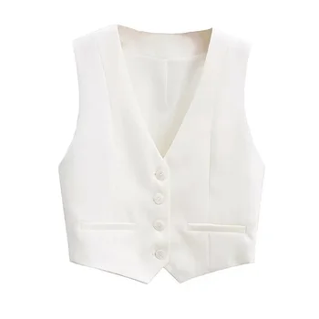 ZRN 여성 패션 프론트 버튼 크롭 조끼, 빈티지 V넥 민소매 여성 아우터, 시크한 상의