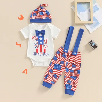 Lioraitiin Baby Boys 4th of July Outfit Letter Print Short Sleeve Rompers Stripe Stars Suspender Long Pants Hat 3Pcs Clothes Set 3