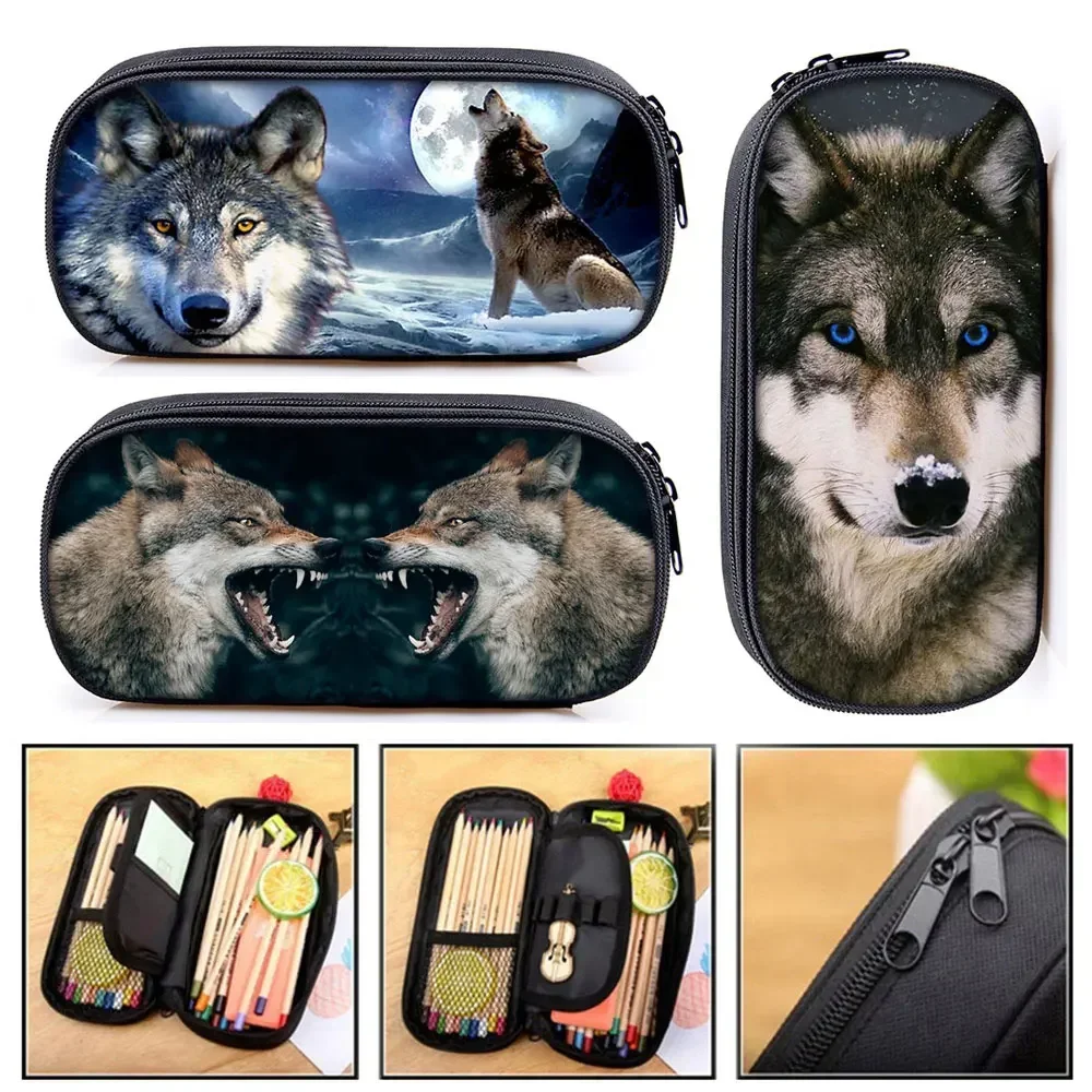 

Cool Howling Wolf Print Cosmetic Cases Pencil Bag Teenager Boys Stationary Bag Kids Pencil Box Children School Case Makeup Bags