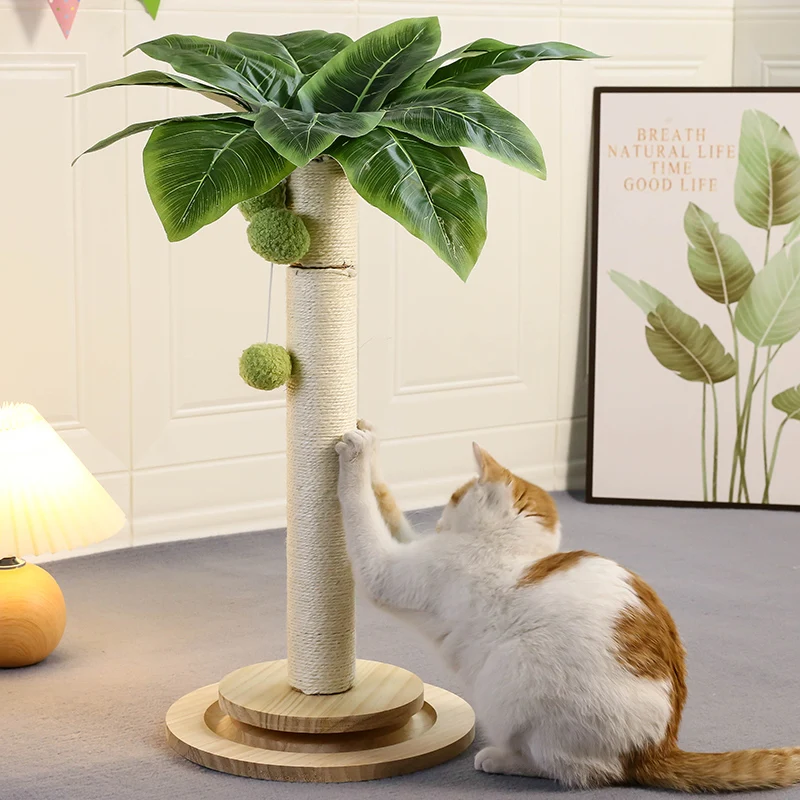 Cat Scratching Post with Hanging Balls, Natural Sisal Rope Scratch Post Tree Kitten Interactive Toy with Wooden Track Ball