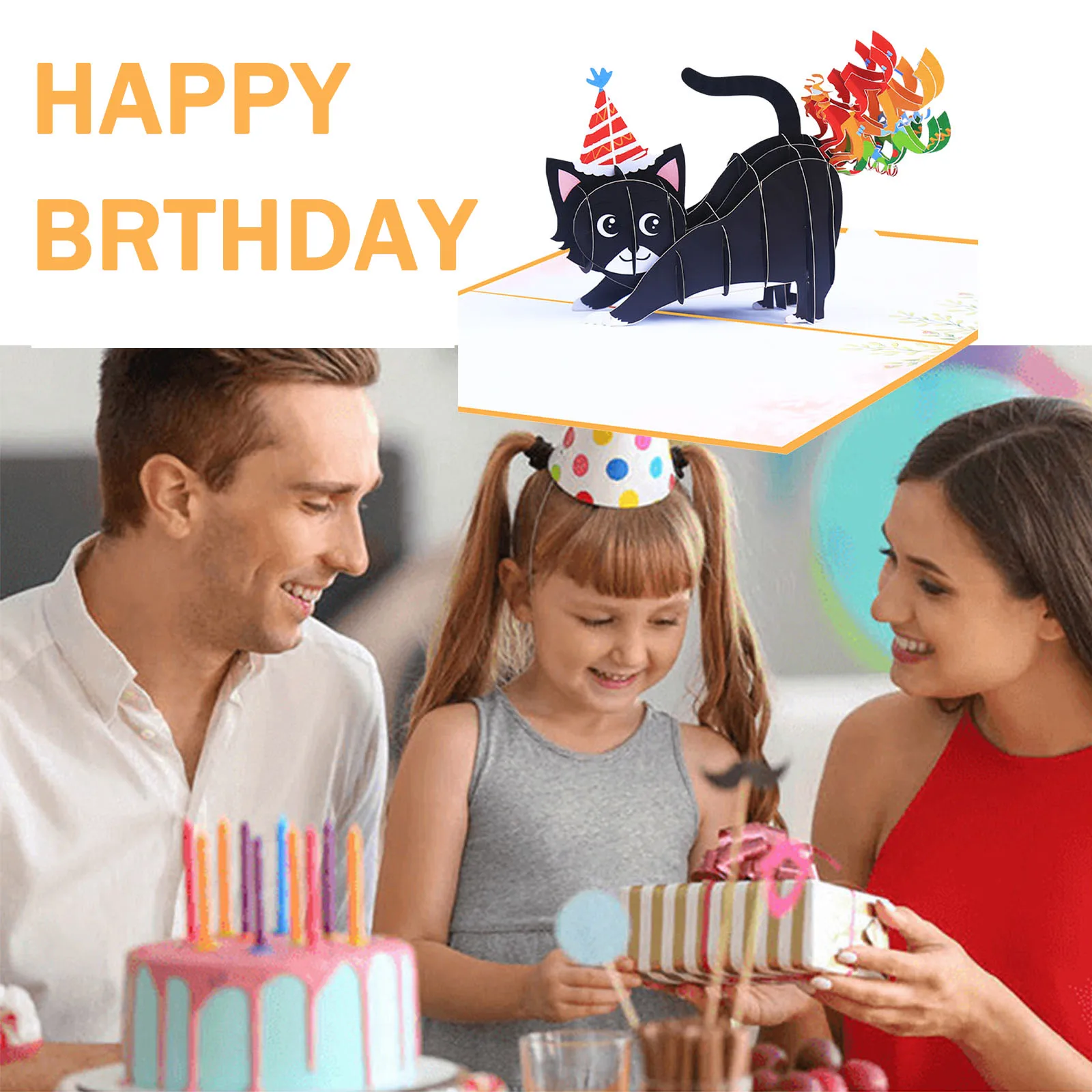 3D Pop UP Happy Birthday Grußkarten mit Umschlag, Postkarten, 3D-Geburtstagskarte mit schwarzer Katze, Partyzubehör – Detail 9