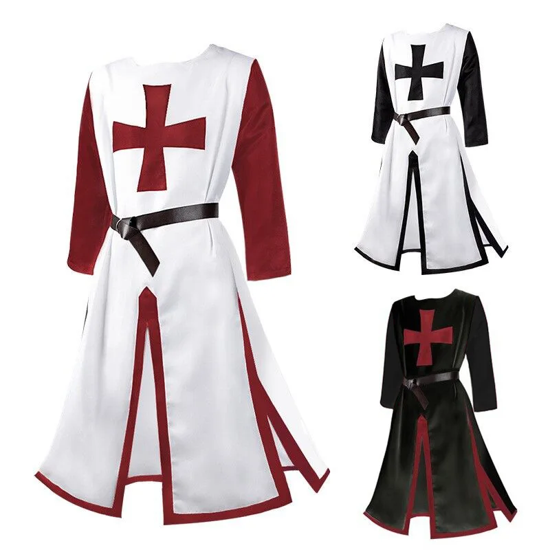 Фото Мужской средневековый крестовый Рыцари Templar Туника Косплей костюмы Ренессанс Хэллоуин сюрпальто воин черный чумный плащ верхний пояс №2