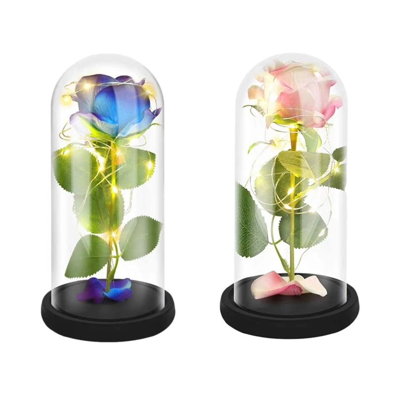 

2 Set That Lasts Forever Flower With LED Light In Glass Dome For Valentine's Mother's Day Birthday Gift, Blue & Pink