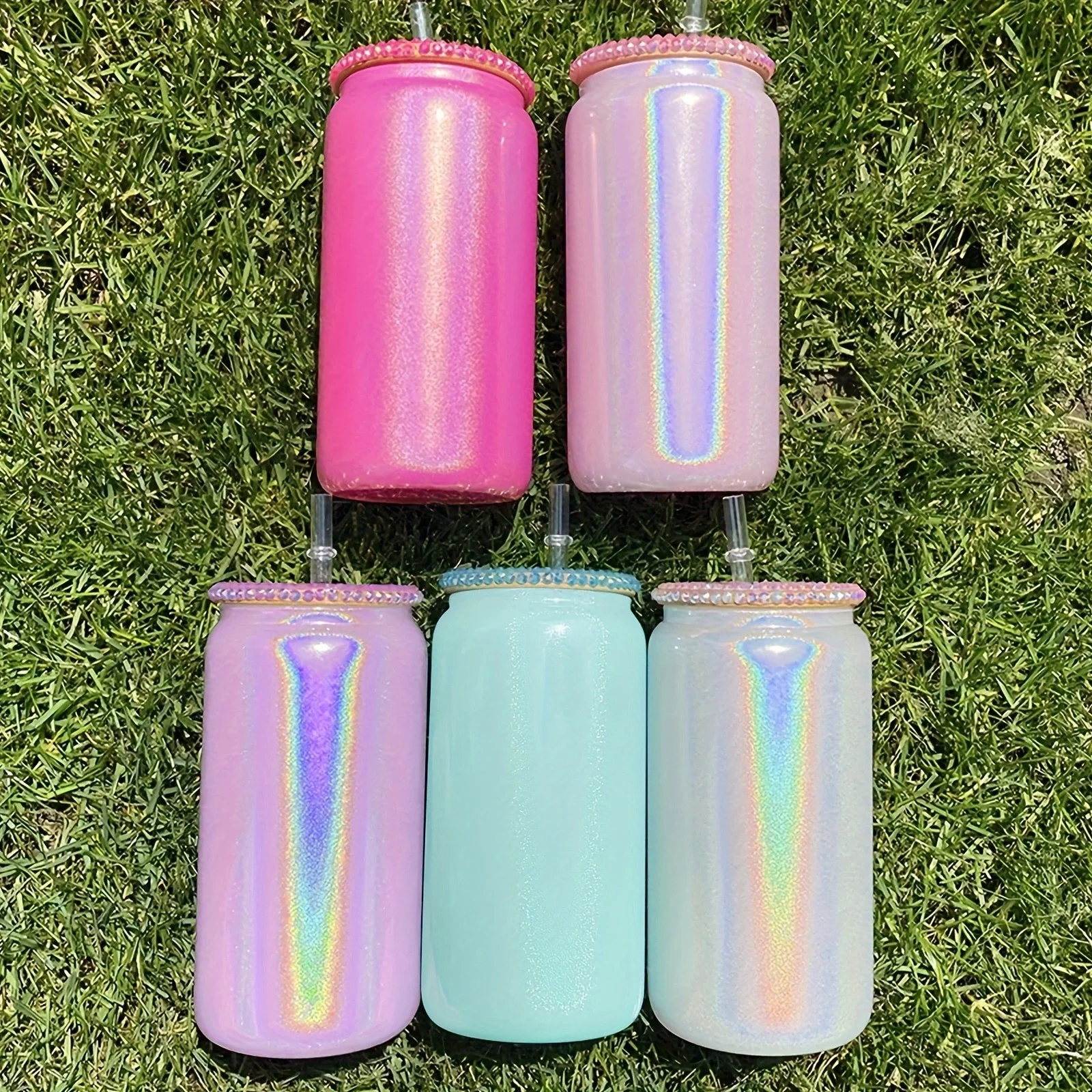 Double Wall Glass Cup 16oz Shimmer Glass Cup Sublimation Mason Glass Cups With Lid Straw Beer Glasses Summer Juice Coffee Cup