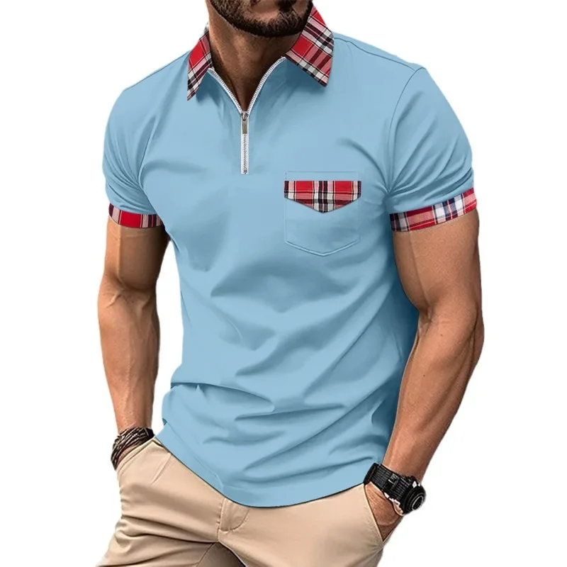 Polo da uomo a quadri con cerniera e tasche, maglietta estiva casual sportiva a maniche corte - immagine 6