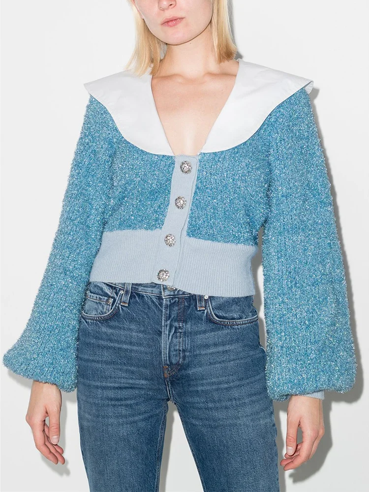 

High Fashion Cardigan Crop Top Women Blue Sweater Jacket with White Laped Female Vintage Lantern Sleeve Short Coat Chic Tops