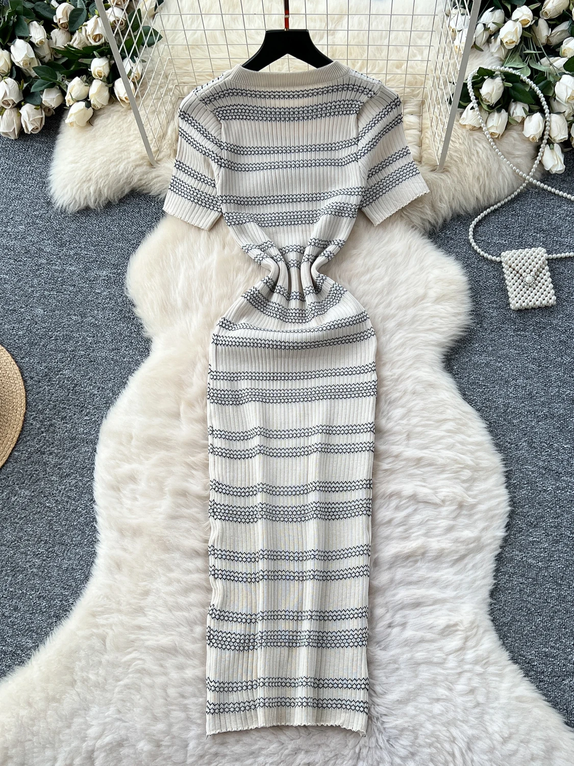 Slim Fit Striped Knitted ort Sve round Ne Dr Women's High Waist A-Line Dr Commute Sle Korean Version Summer Dr