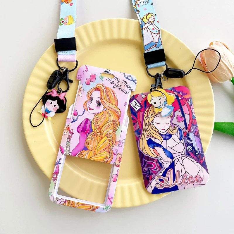 Disney Princess ID Card Holder Neck Strap Pendant Girls Alice Door Badge Holder Lanyards Keychain Ariel Credential Case Gift