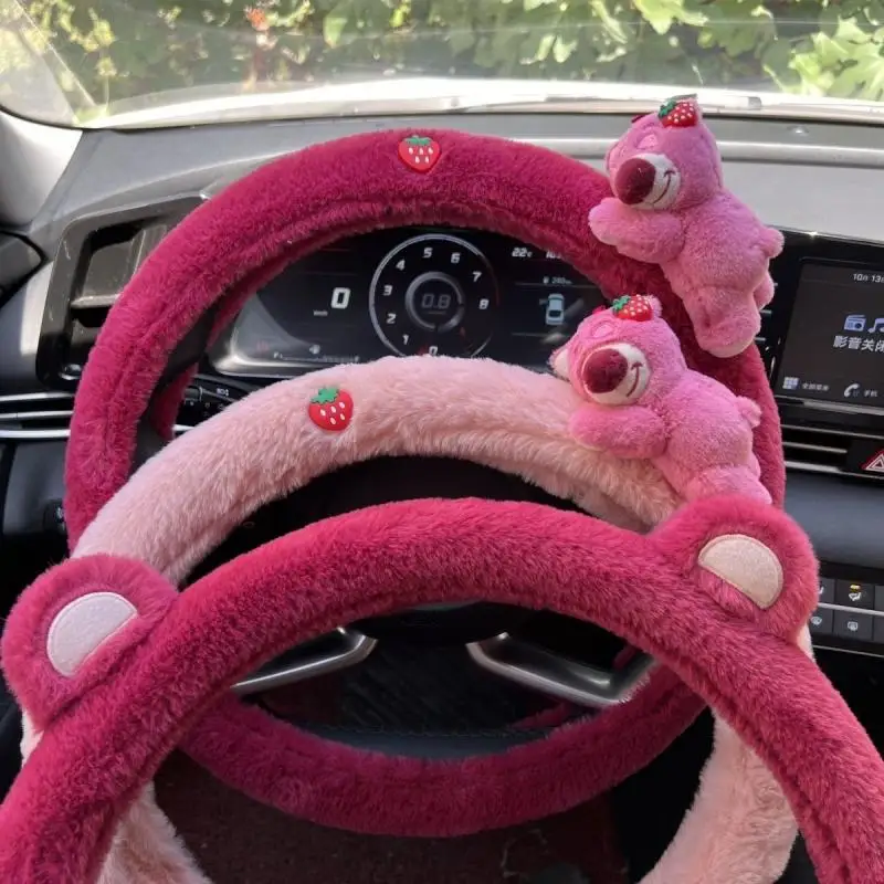 

Kawaii Car Supplies Anime Strawberry Bear Winter Plush Anti-Slip Car Steering Wheel Grip Cover Cartoon Shoulder Pads Girls Gifts