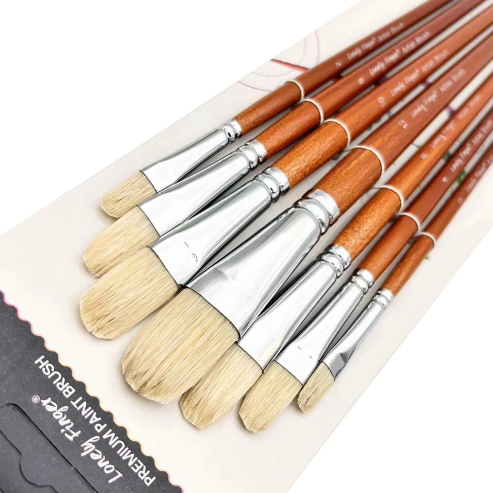 7pcs Professional Premium Long Handled Bristle Paint Brushes Set 100% Natural Chungking Hog Bristle Filbert/Fan Artist Brushes