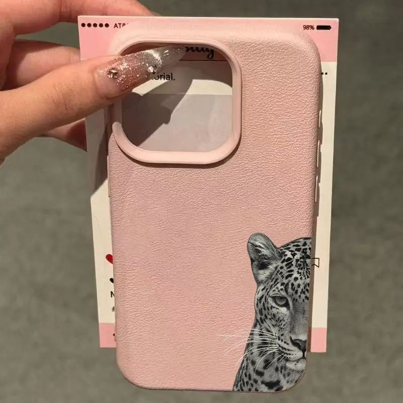 Elegant Black Cheetah Lychee-Textured Soft Phone Case