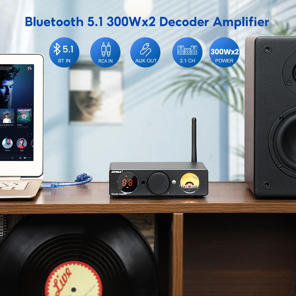 AIYIMA HIFI Bluetooth Power Amplifier VU Meter Amplifier 300Wx2 Stereo Sound Amplifify Speaker USB DAC Amplificador Home Amp