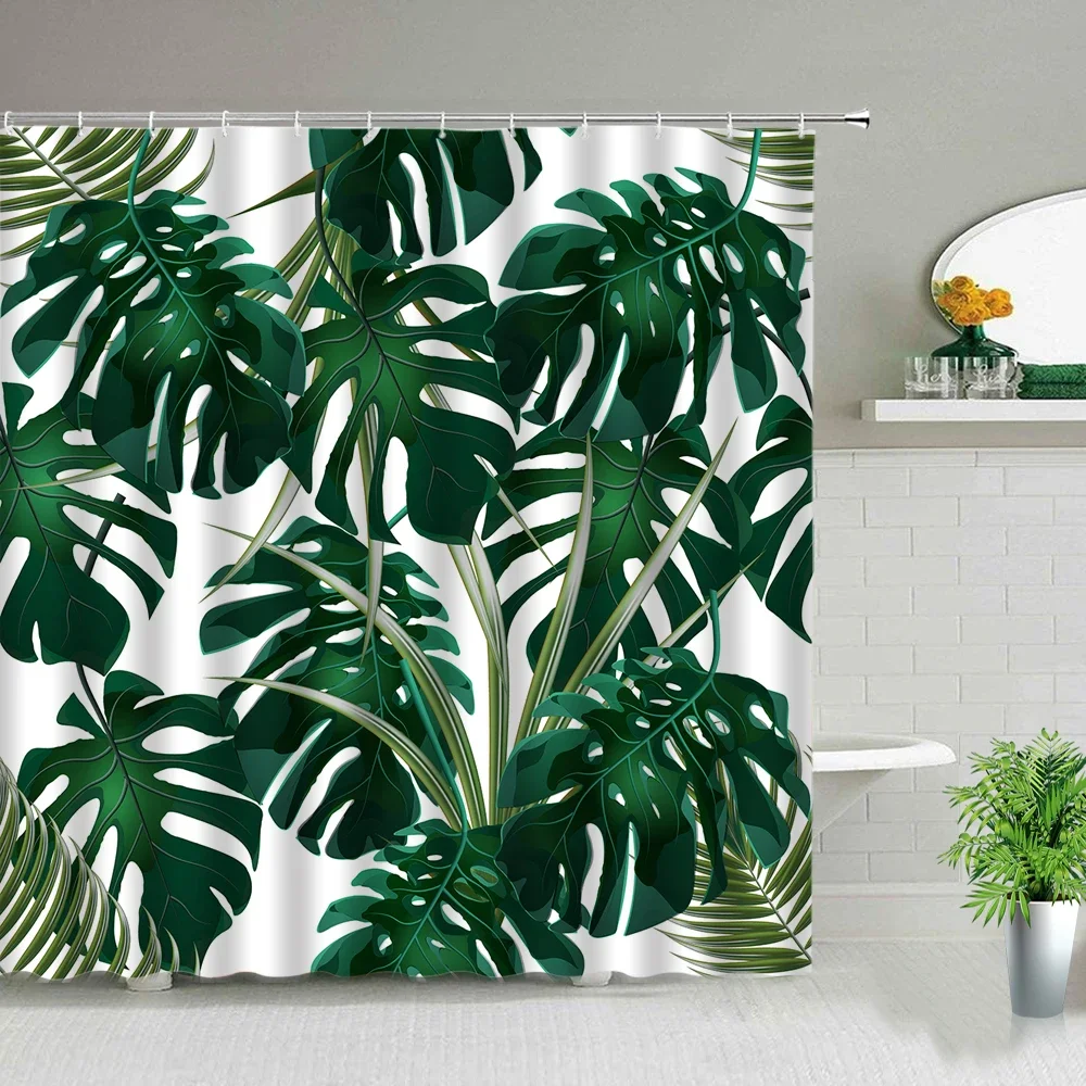 Tropical Palm Leaves Shower Curtain Set with Seasonal Decor Accents
