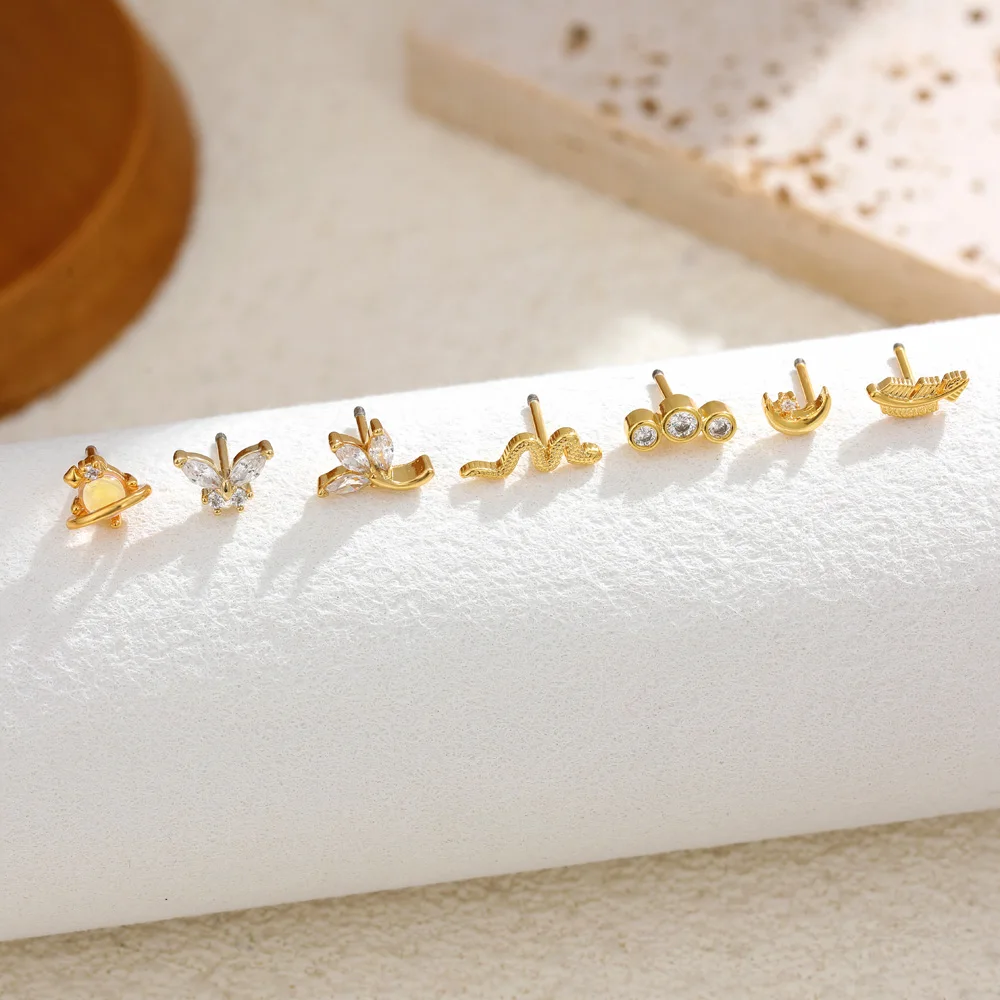 316L Stainless Steel Gold Plated Sparkling Zircon Geometric Navel Piercing Waterproof Hypoallergenic Moon Perforate Body Jewelry