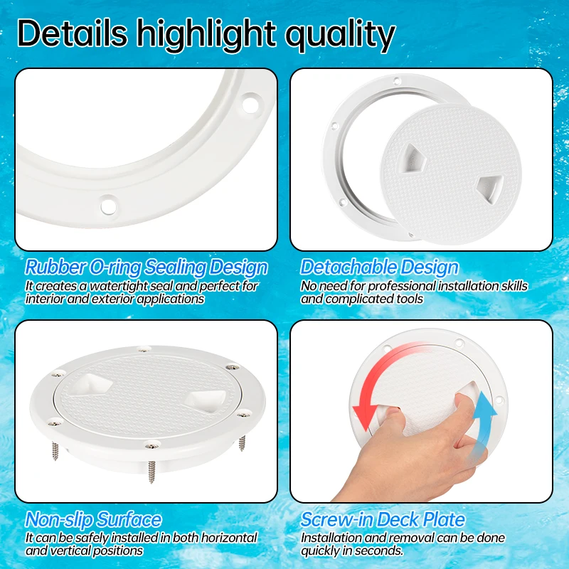 Boat-Ready Round Non-Slip Inspection Hatches Sizes 4" 6" 8" with Detachable Cover ABS Plastic Screw Out Access Hatch