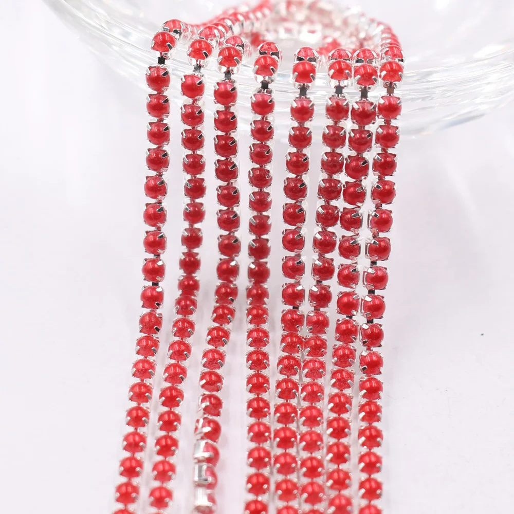 

Hot!New Red Pearl Rhinestones Chain Flatback Silver claw Rhinestone Trim crystal for DIY Handcraft Sewing Trim needlework decor