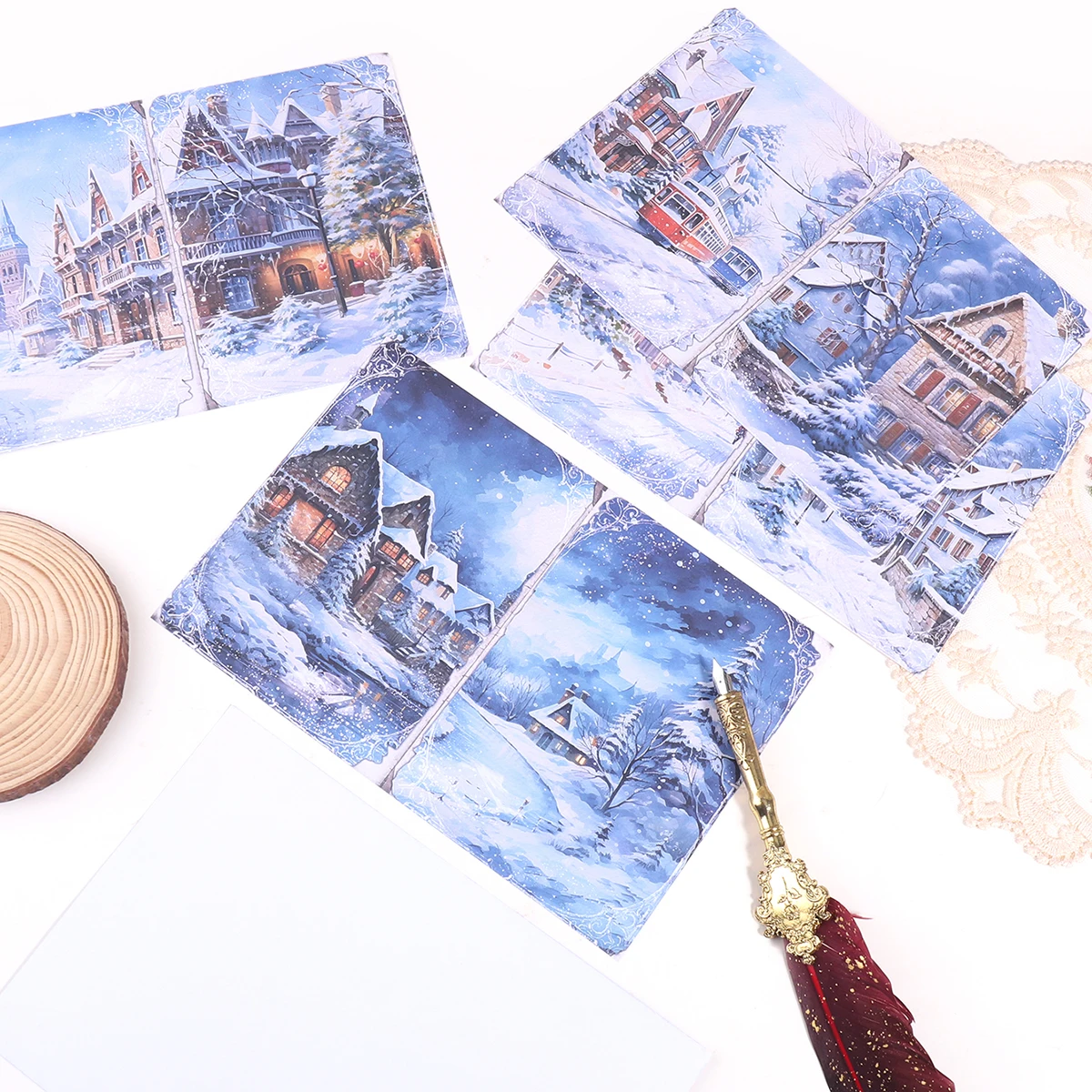 8 Fogli/Confezione di Materiali in Carta con Scenari Romantici Natalizi Innevati, Adatti per Decorazioni di Scrapbook e Biglietti, un Regalo per Amici. - immagine 4