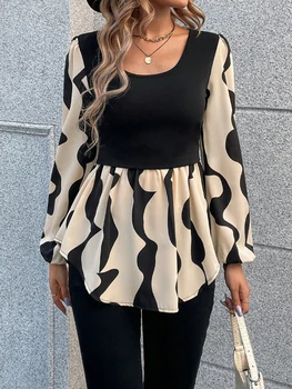 Women's Abstract Print Long - Sleeve Top, Square Neck, Black - Beige Design, Ideal for Casual Errands & Office Days 1