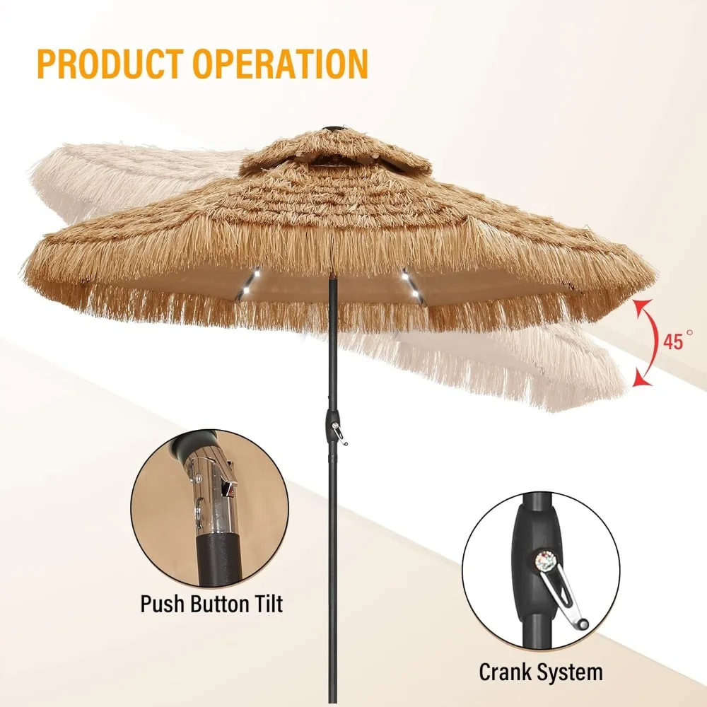 9 ft 2-Tier Solar Tiki Umbrella, 32 LED Ligths Hula Thatched Tiki Umbrella, Straw Umbrella, Pool, Patio, Beach 5
