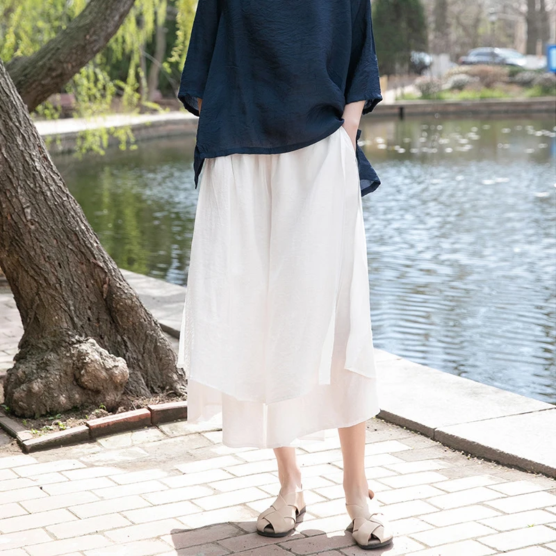 

Summer New Women Pants Calf-length Pants Casual Solid Color Loose Elastic Waist Wide Leg Pants Black Clothes Retro Comfortable