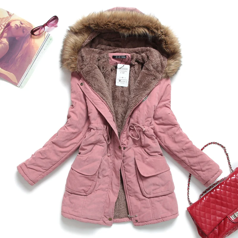 Pink Women Parkas Long Thick Warm Jacket Hooded Fur Lady Coats
