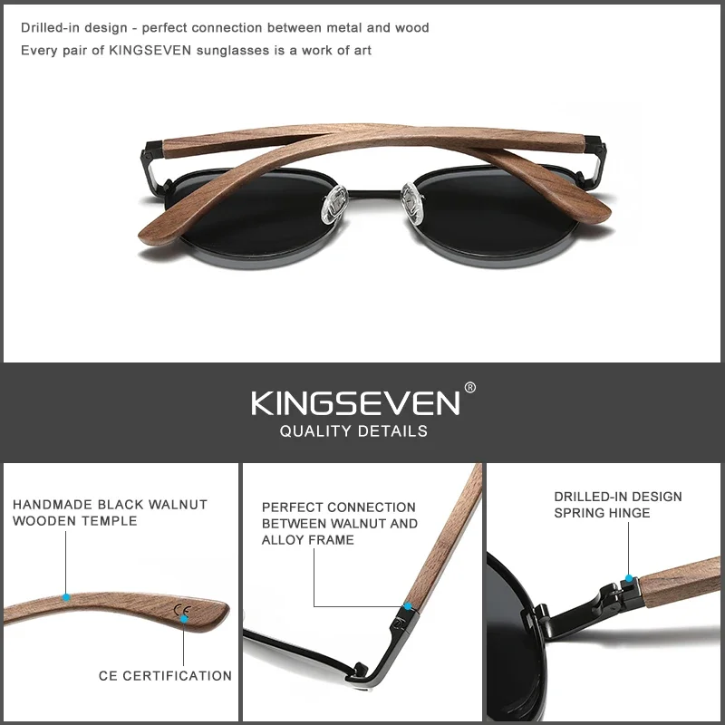 KINGSEVEN 패션 수제 블랙 월넛 우드 선글라스, 편광 미러 렌즈, 남성 UV400 운전